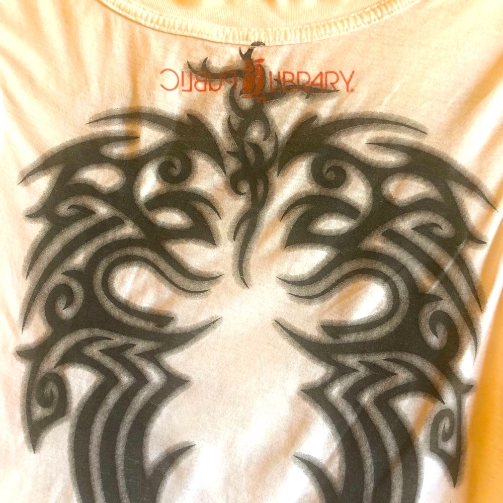 Y2K Vintage Public Library T-shirt with Tattoo Tribal Lotus Flower Graphic - Picture 4 of 6